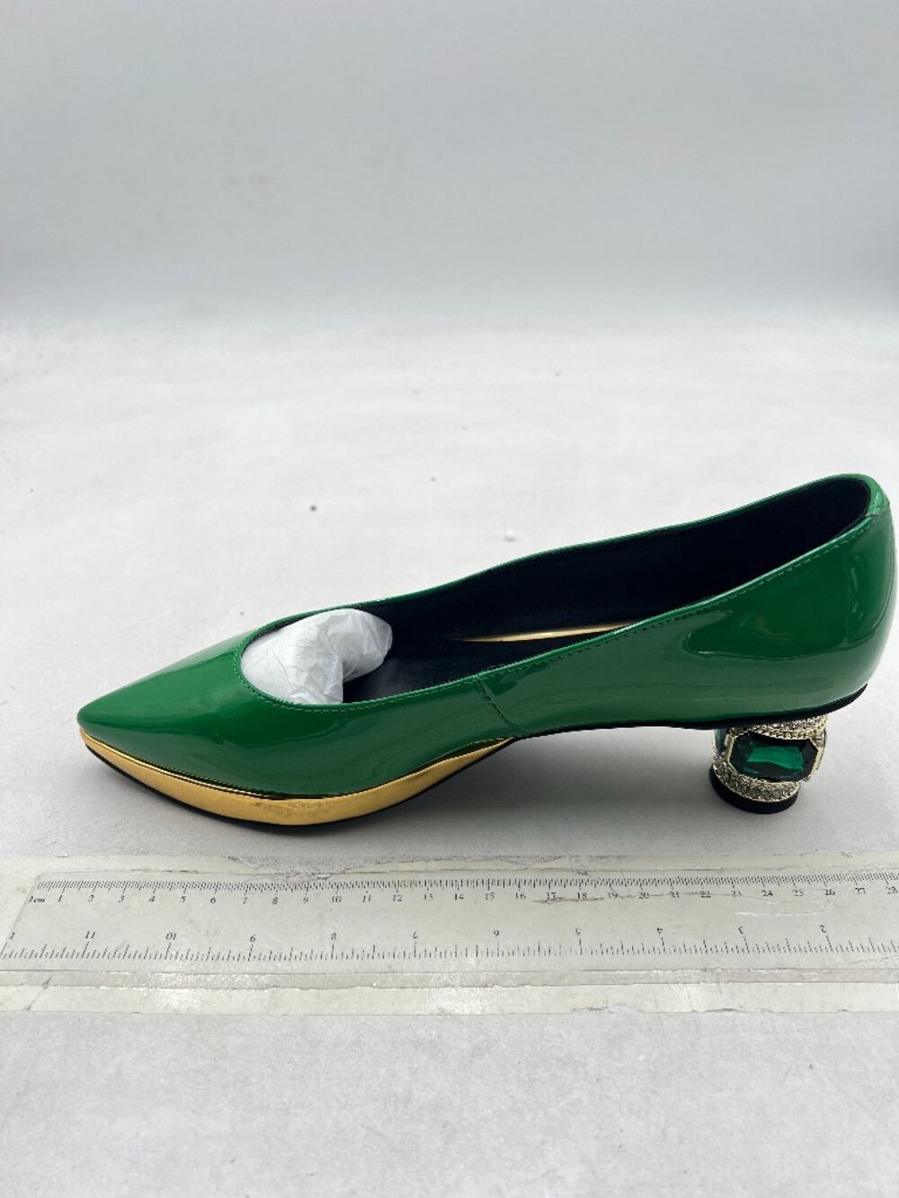 FSJ Emerald Green Bridal Pointed Toe Gold Trim Block Low Heel Crystal Pumps - Picture 2 of 8